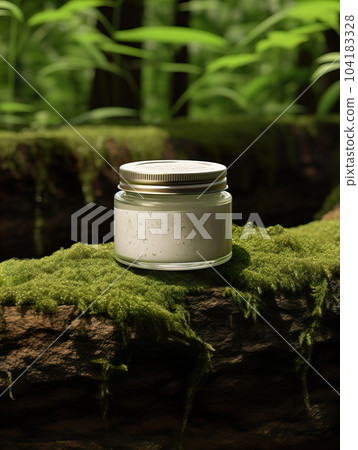 Cosmetic cream jar with lid mockup on green forest background with wooden bark, moss and leaves, beauty product container template 104183328