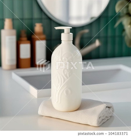 Shampoo bottle styled mockup, liquid soap pump bottle in home bathroom interior, body wash and care cosmetic product packaging mockup 104183371