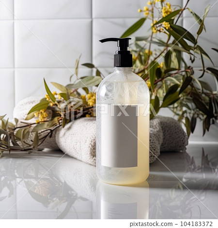 Shampoo bottle styled mockup, liquid soap pump bottle in home bathroom interior, body wash and care cosmetic product packaging mockup Shampoo bottle styled mockup, liquid soap pump bottle in home bathroom interior, body wash and care cosmetic product packaging mockup 104183372