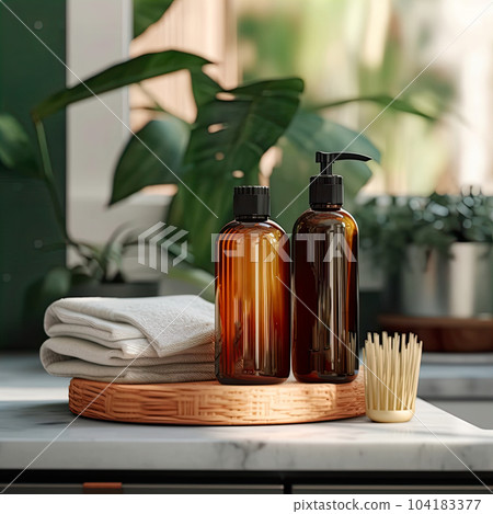 Shampoo bottle styled mockup, liquid soap pump bottle in home bathroom interior, body wash and care cosmetic product packaging mockup 104183377