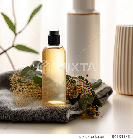 Shampoo bottle styled mockup, liquid soap pump bottle in home bathroom interior, body wash and care cosmetic product packaging mockup 104183378