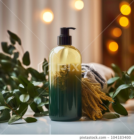 Shampoo bottle styled mockup, liquid soap pump bottle in home bathroom interior, body wash and care cosmetic product packaging mockup 104183400
