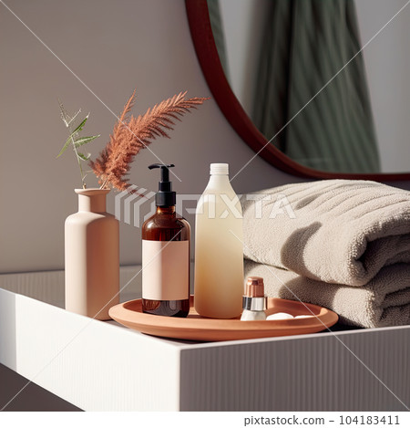 Shampoo bottle styled mockup, liquid soap pump bottle in home bathroom interior, body wash and care cosmetic product packaging mockup Shampoo bottle styled mockup, liquid soap pump bottle in home bathroom interior, body wash and care cosmetic product packaging mockup 104183411
