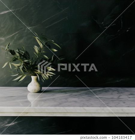 Empty table background with green leaves, botanical product placement background Empty table background with green leaves, botanical product placement background 104183417