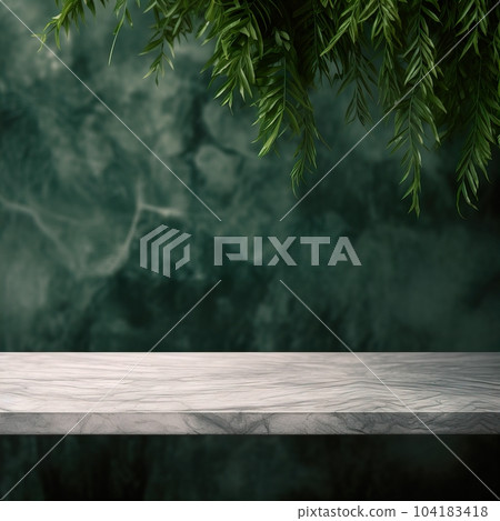 Empty table background with green leaves, botanical product placement background Empty table background with green leaves, botanical product placement background 104183418