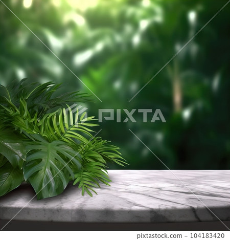 Empty table background with green leaves, botanical product placement background 104183420