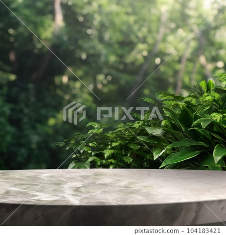 Empty table background with green leaves, botanical product placement background 104183421