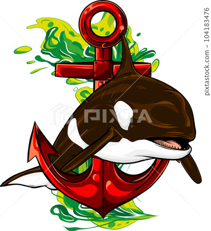 vedctor illustration of Killer Whale mascot and Anchor icon. vedctor illustration of Killer Whale mascot and Anchor icon. 104183476