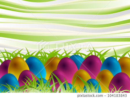 Colorful Easter eggs, green spring grass and curved waves background 104183843