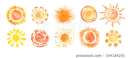 Set of bright yellow and orange watercolor textured sun symbols. Watercolour collection of sunny weather elements for kids decoration, pattern design, greeting cards 104184291