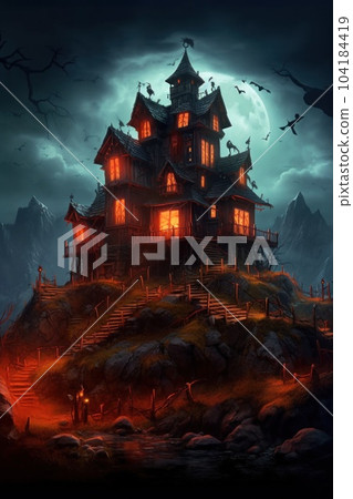 Halloween House of Horrors on hill among cliffs in dark night. 104184419