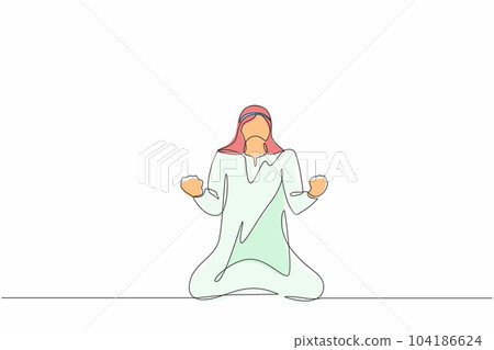 Continuous one line drawing happy Arab businessman kneeling with both hands do gesture yes. Male manager celebrating success of increasing company product sales. Single line draw design vector graphic Continuous one line drawing happy Arab businessman kneeling with both hands do gesture yes. Male manager celebrating success of increasing company product sales. Single line draw design vector graphic 104186624