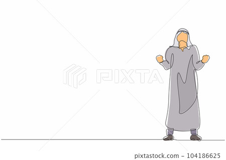 Single continuous line drawing happy Arabian businessman standing with both hands do gesture yes. Young office worker celebrate success of company project. One line graphic design vector illustration Single continuous line drawing happy Arabian businessman standing with both hands do gesture yes. Young office worker celebrate success of company project. One line graphic design vector illustration 104186625