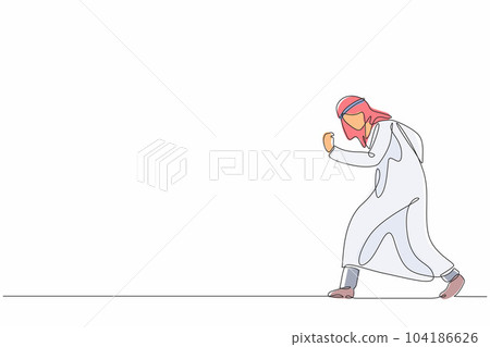 Single one line drawing happy Arab businessman bow and do gesture yes. Office worker celebrate success of company project. Successful victory. Continuous line draw design graphic vector illustration Single one line drawing happy Arab businessman bow and do gesture yes. Office worker celebrate success of company project. Successful victory. Continuous line draw design graphic vector illustration 104186626