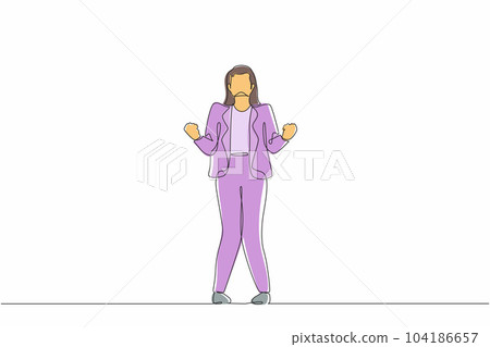 Continuous one line drawing happy businesswoman standing with both hands do gesture yes. Young office worker celebrate success of company project. Single line draw design vector graphic illustration Continuous one line drawing happy businesswoman standing with both hands do gesture yes. Young office worker celebrate success of company project. Single line draw design vector graphic illustration 104186657