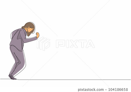 Single continuous line drawing happy businesswoman bow and do the gesture yes. Office worker celebrate success of company project. Successful victory. One line draw graphic design vector illustration Single continuous line drawing happy businesswoman bow and do the gesture yes. Office worker celebrate success of company project. Successful victory. One line draw graphic design vector illustration 104186658