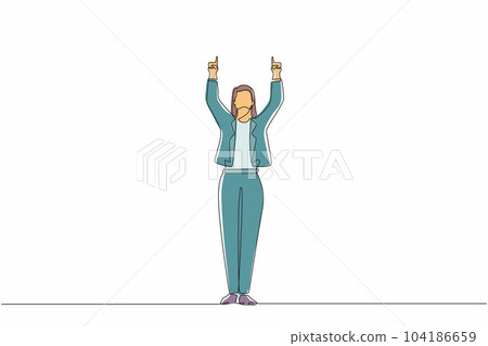Single one line drawing happy businesswoman standing and both hands pointing with index fingers. Saleswoman celebrates salary increase from company. Continuous line design graphic vector illustration Single one line drawing happy businesswoman standing and both hands pointing with index fingers. Saleswoman celebrates salary increase from company. Continuous line design graphic vector illustration 104186659