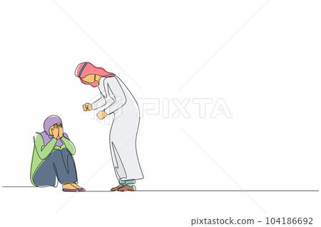 Continuous one line drawing scared Arab female afraid of husband, domestic violence. Man beating wife, quarreling couple. Emotional personages arguing. Single line design vector graphic illustration 104186692