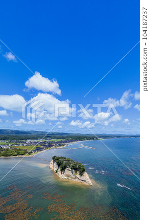Drone | Mitsuke Island (also known as Gunkanjima), a tourist attraction in Noto, and the blue sky | Photographed in June 2023 | Suzu City, Ishikawa Prefecture 104187237