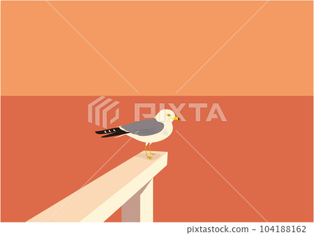 黃昏時分，一隻黑尾鷗棲息在海灘的白色碼頭上 104188162