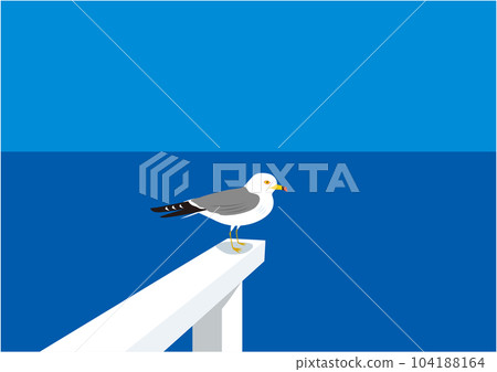 一隻黑尾鷗棲息在海邊白色碼頭上的插圖 104188164