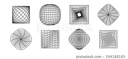 Cubes and spheres wireframe collection. Geometric surface grid of different shape. Distorted perspective planes and object set. Vector geometric element bundle for posters, flyers, collages, templates 104188183