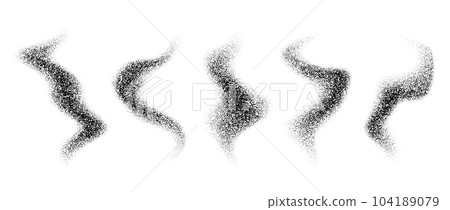 Textured wavy forms set. Black stipple grain smoke or steam pack. Dotted noise fog collection. Smooth gritty gradient waves bundle. Grunge sand gritty design elements. Vector illustration.  104189079