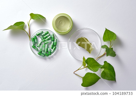 Background for advertising cosmetic with fish mint extract - fresh fish mint leaves, green jar and cosmetic texture on transparent podium are decorated. Top view, flat lay and copy space  104189733