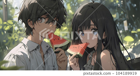 Couple eating watermelon together (Generative AI) 104189919