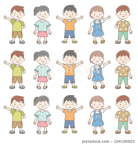 Smiling children wearing short-sleeved clothes, summer, whole body Smiling children wearing short-sleeved clothes, summer, whole body 104190803