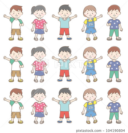 Smiling children wearing short-sleeved clothes, summer, whole body Smiling children wearing short-sleeved clothes, summer, whole body 104190804