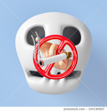 3d hand holding cigarette with prohibition sign, smoking, skull isolated on blue background. world no smoking day, quitting smoking, healthy lifestyle concept, 3d render illustration 104190807