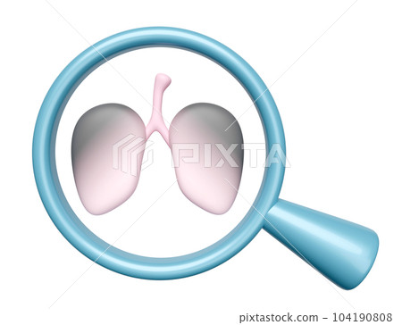 3d black lungs with magnifying glass isolated  Examine the health of the lungs and find out the cause of the disease, 3d render illustration 104190808