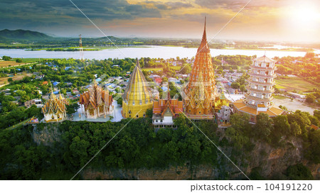 high angle view of wat tumseau one of most popular traveling destination in kanchanaburi western of thailand high angle view of wat tumseau one of most popular traveling destination in kanchanaburi western of thailand 104191220