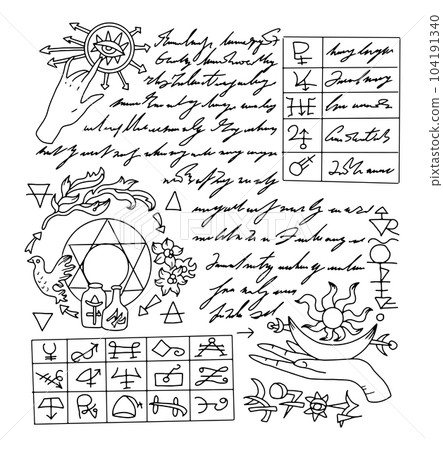 Vector Page with magic spells and mystic drawings from witch book on white background. No foreign language, all symbols are fantasy. Esoteric, wicca and gothic concept, Halloween background 104191340