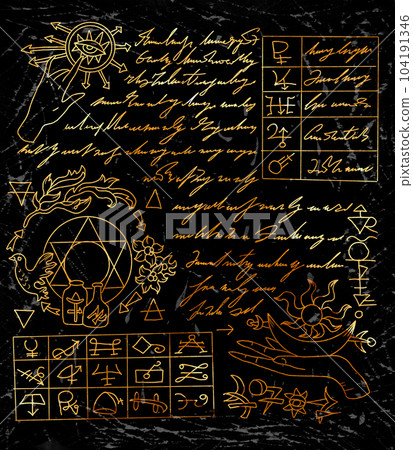 Hand drawn Page with magic spells and mystic drawings from witch book on black background. No foreign language, all symbols are fantasy. Esoteric, wicca and gothic concept, Halloween background Hand drawn Page with magic spells and mystic drawings from witch book on black background. No foreign language, all symbols are fantasy. Esoteric, wicca and gothic concept, Halloween background 104191346