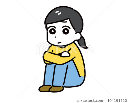 A young woman in casual clothes sitting with her knees hugged with a troubled look on her face (full body) A young woman in casual clothes sitting with her knees hugged with a troubled look on her face (full body) 104191520