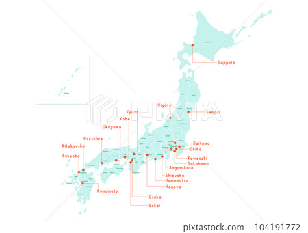 日本時尚地圖,採用淡綠色和薄荷綠色,英文條例指定城市採用羅馬字母 日本時尚地圖,採用淡綠色和薄荷綠色,英文條例指定城市採用羅馬字母 104191772