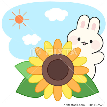 藍天下一隻兔子從向日葵後面伸出的手繪插圖 104192520