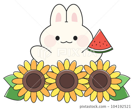兔子和向日葵拿著西瓜的手繪插畫 104192521
