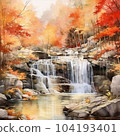 Waterfall and autumn leaves Generative AI 104193401