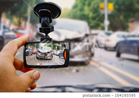 The human hand is touching camera on the car for check image car accident 104193595