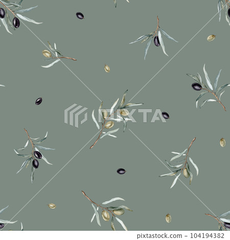 Watercolor seamless pattern with black and green olives and branch. Hand painted olives isolated on white background. Botanical illustration for design, print, fabric or background Watercolor seamless pattern with black and green olives and branch. Hand painted olives isolated on white background. Botanical illustration for design, print, fabric or background 104194382