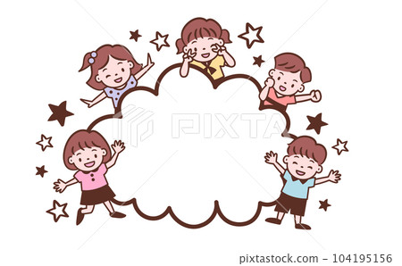 插圖，其中有可愛的孩子和孩子們的複制空間，圍繞著手繪的雲框，可用於活動等。 104195156