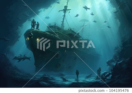 Deep - sea explorers venture into the abyss, the eerie silence broken only by the distant echoes of the Titanic's submerged legacy illustration generative ai 104195476