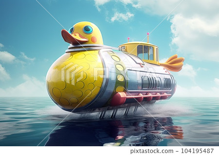 Spaceship shaped like a giant rubber duck, powered by quantum physics, and capable of traversing the cosmos with its whimsical propulsion system. illustration generative ai 104195487