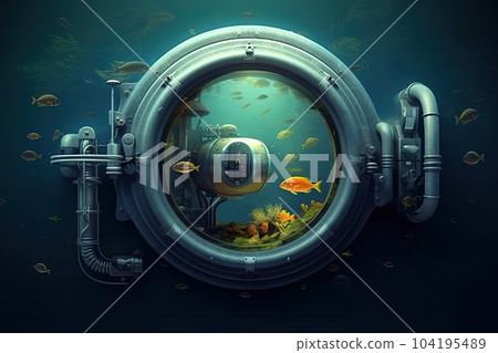 spaceship that takes the form of an underwater submarine, complete with porthole windows showcasing surreal scenes from different dimensions in he vastness of space. illustration generative ai 104195489