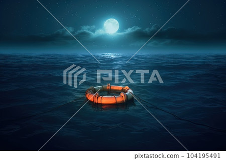 Titanic life buoy floating in the ocean at moonlight illustration generative ai 104195491