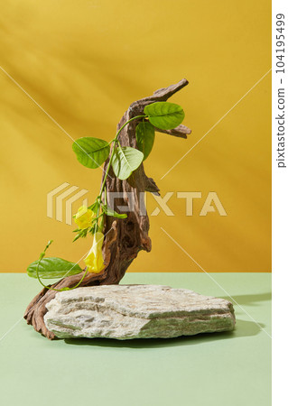A tree branch is arranged with a stone podium against yellow background. Empty space for products or goods presentation A tree branch is arranged with a stone podium against yellow background. Empty space for products or goods presentation 104195499