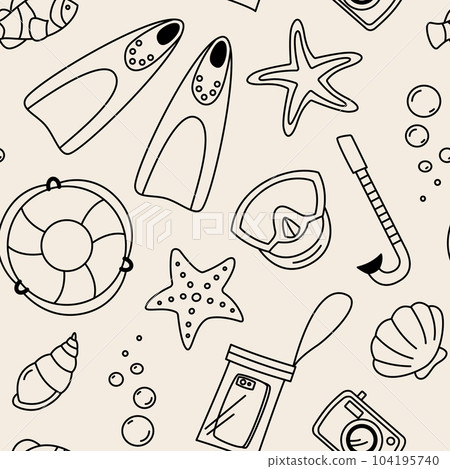 Summer vacation simple line doodle seamless pattern with sea shells snorkel mask flippers star fish 104195740